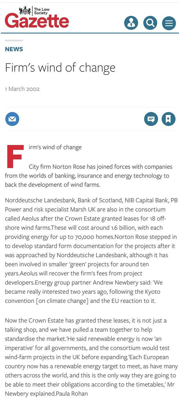 Law Society Gazette, 1 March 2002, "...Energy partner Andrew Newbery said..."