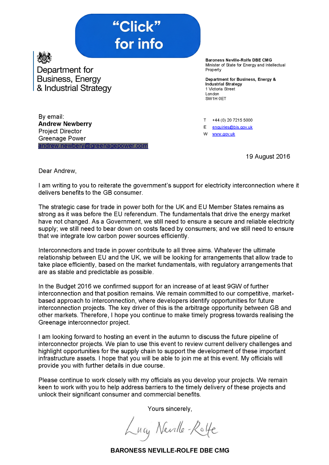 Minister of State for Energy letter to Andrew Newbery, co-founder of NeuConnect, 19 August 2016